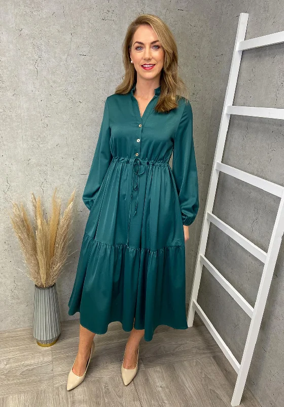 Retro DressSeventy1 Satin Button Midi Smock Dress, Green