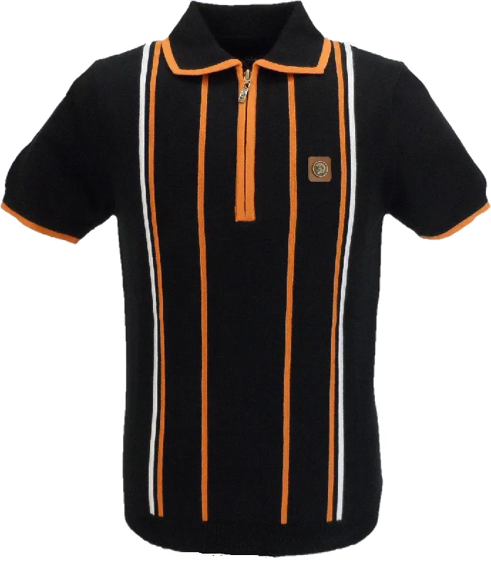 Knitted CropTrojan Records Mens Black Stripe Zipped Knitted Polo Shirt