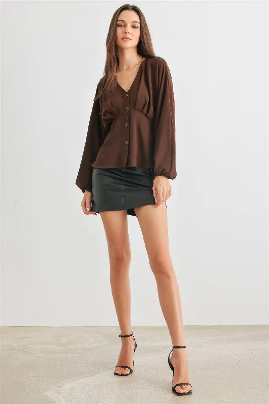 Brown Button-Up V-Neck Flare Hem Long Sleeve Top /2-2-2