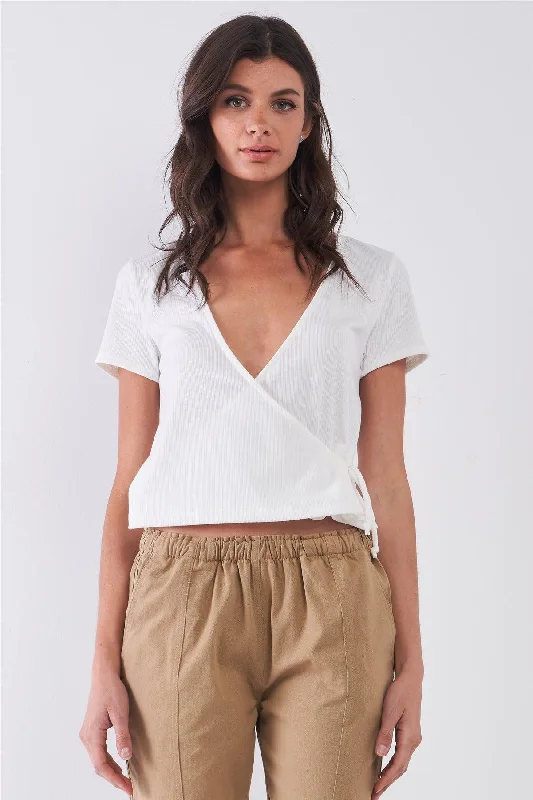 Off-White Ribbed Plunging V-Neck Self-Tie Wrap Detail Top /3-2-1VNeckTopPlatinum