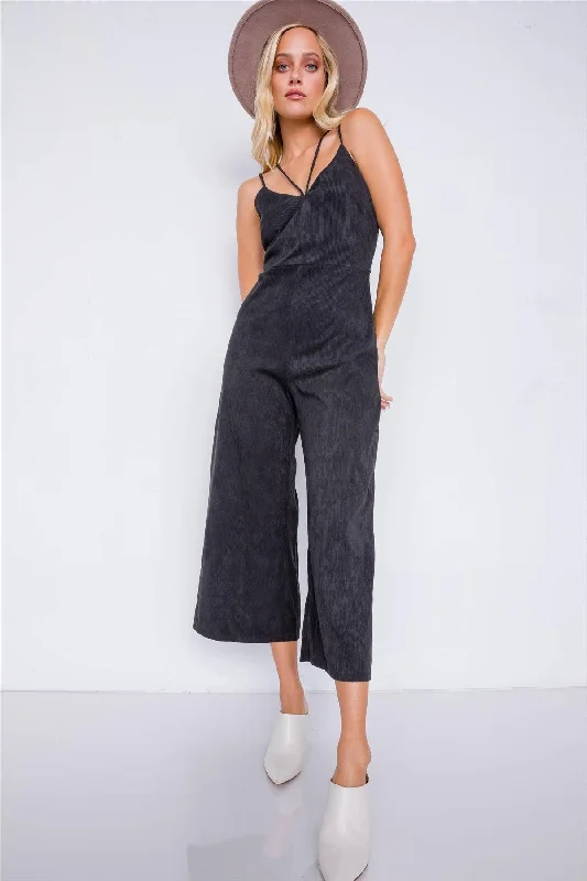 Black Corduroy Velvet Suede Cami V-Neck Straps Gaucho Midi Jumpsuit /2-2-2VNeckTopOrbit