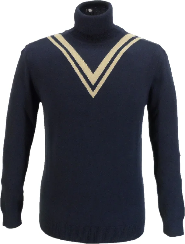 Knit LooseSka & Soul Navy Twin-V Fine Gauge Roll Neck Jumper