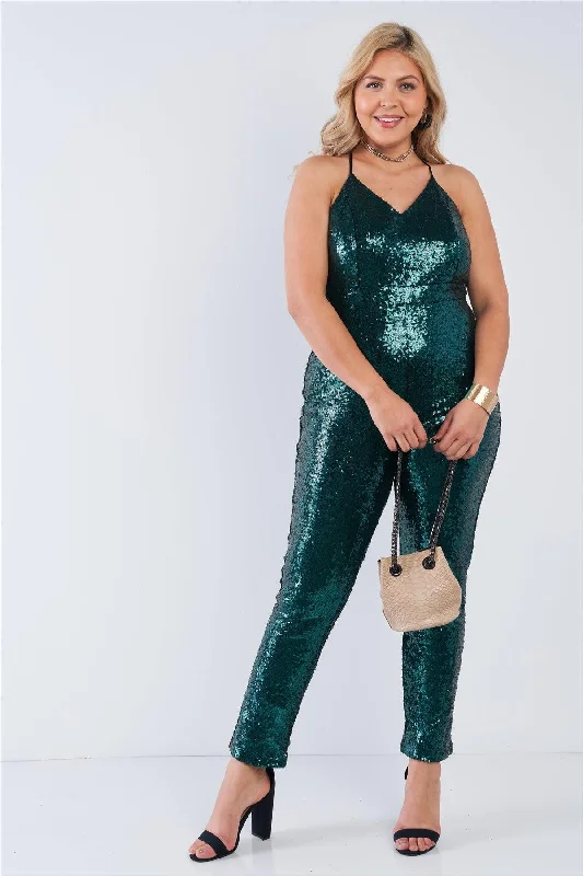 Junior Plus Size Hunter Green Sequin V-Neck Criss Cross Open Back Bodycon Jumpsuit /2-1-1VNeckTopDrift