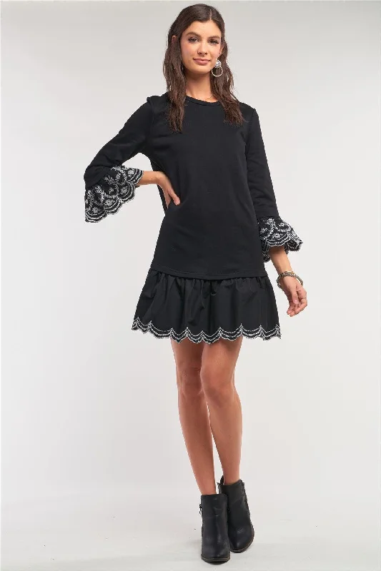 Black Crochet Embroidery Drop Waist Scallop Hem Flare Skirt Detail Long Sleeve Mini Sweater Dress /1-2-2