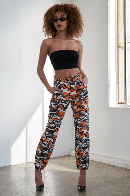 CulottesOrange Camouflage Belted High Waist Cargo Pants