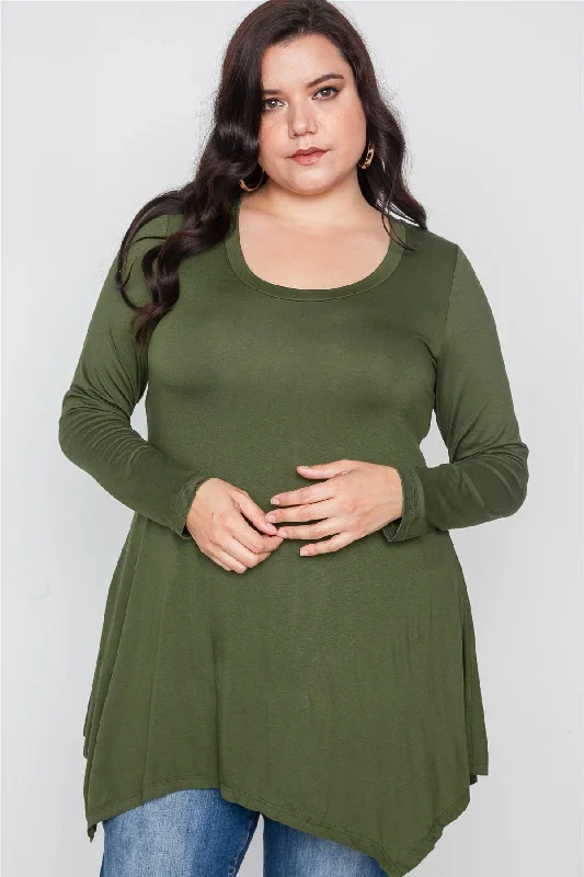 Plus Size Olive Green Long Sleeve Basic Top /2-2-2