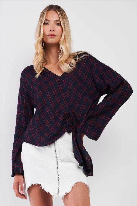 Red Navy Checkered V-Neck Long Bell Sleeve Asymmetrical TopVNeckTopQuartz