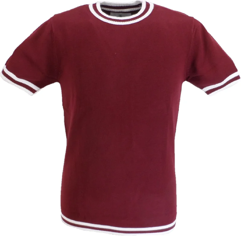 Knitted V-NeckMadcap England Mens Burgundy Stripe Short Sleeve Mod Knit Jumper