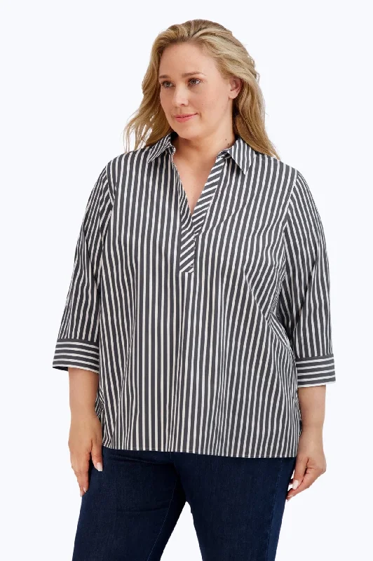 Satin ShirtsSophia Plus Stretch No Iron Stripe Long Sleeve Popover Shirt, Black/White Stripe