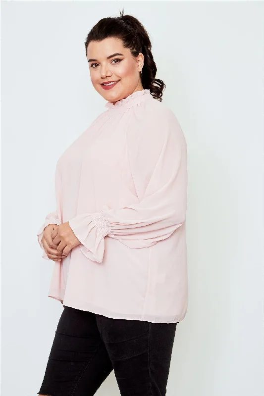 Plus Size Blush High Neck Ruffle Long Sleeve Top /2-1-2