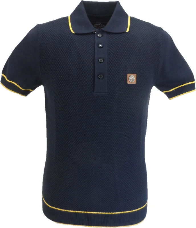 Knit SweaterTrojan Mens Navy/Yellow Textured Knitted Polo Shirt