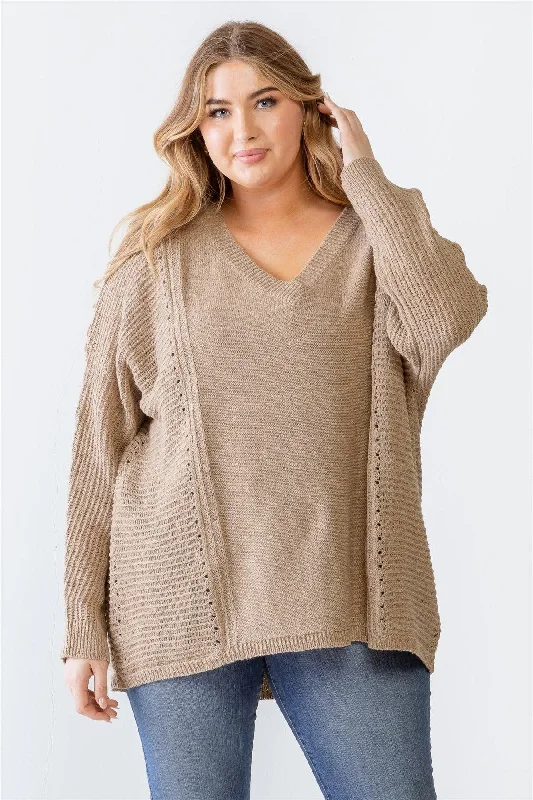 Plus Size Mocha Waffle Knit V-Neck Sweater /3-3VNeckTopX