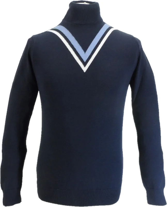 Knit SheerSka & Soul Navy Blue Twin-V Fine Gauge Roll Neck Jumper