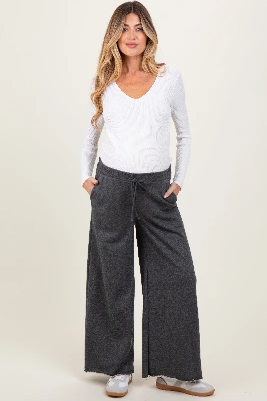 Cycling PantsCharcoal French Terry Raw Edge Maternity Wide Leg Pants