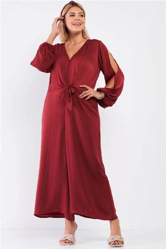 Junior Plus Size Sangria Red Satin V-Neck Self-Tie Waist Slit Sleeve Detail Jumpsuit /1-1-1VNeckTopAmber