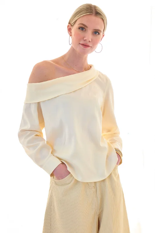 Plush ShirtsDani Long Sleeve Off Shoulder Top, Washed Cupro Cotton Cream