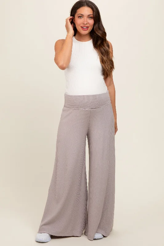 Wool PantsGrey Ribbed Foldover Waist Maternity Wide Leg Pants