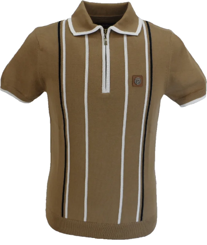 Knit FittedTrojan Records Mens Camel Brown Stripe Zipped Knitted Polo Shirt