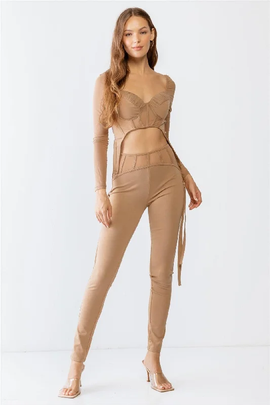 Denim ShortsMocha Rushed Bust Corset Mesh Long Sleeve Crop Top & High Waist Slim Fit Corset Detail Pants Set S-M-L/2-2-2