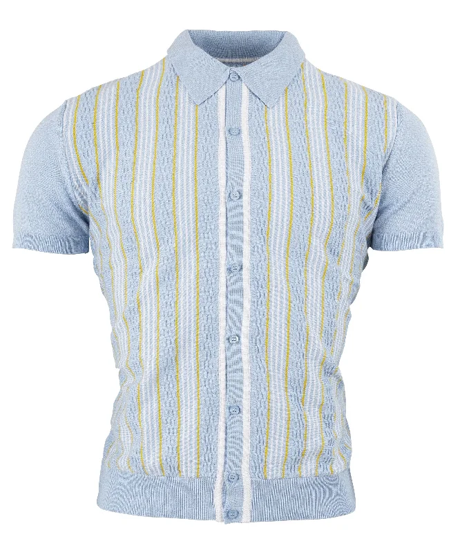 Knitted SummerRelco Mens Sky Blue Retro Textured Striped Knitted Polo Cardigan