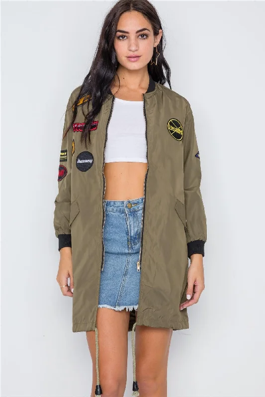 Olive Graphic Patch Long Sleeve Bomber Jacket /2-2-2