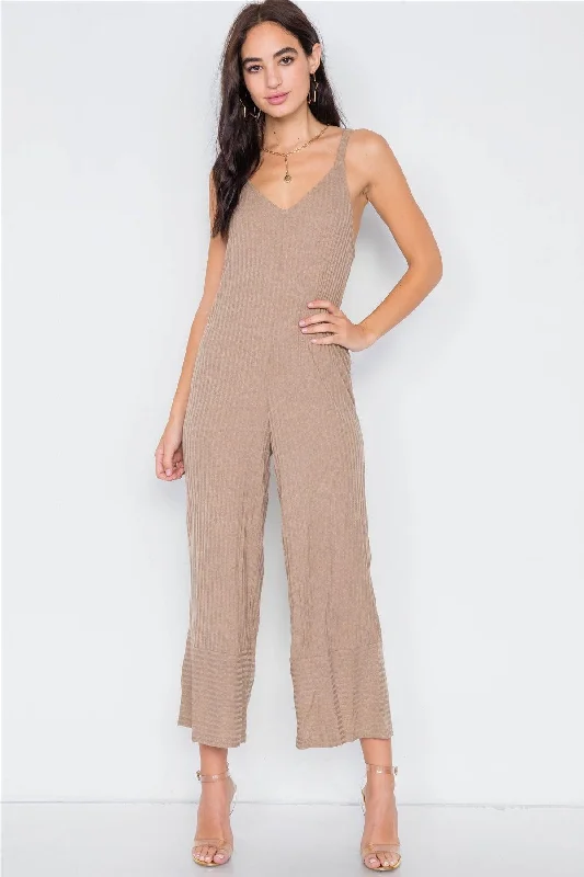 Camel V-Neck Ribbed Knit Gaucho Jumpsuit  /4-2-1VNeckTopFlex