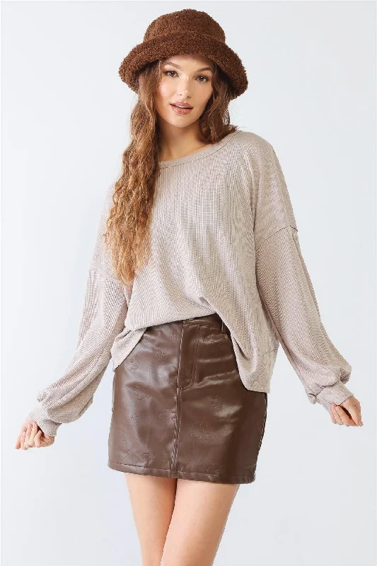 Taupe Waffle Knit Long Sleeve Back Wrap & Cut-Out Top /2-2-2