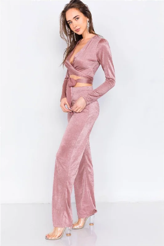 Rose Gold V-Neck Front Tie Crop Top & Vintage Flare Wide Leg Set /1-2-1VNeckTopKraken