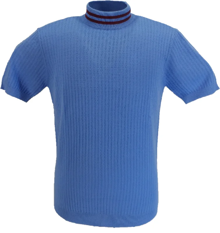 Knitted StripedArt Gallery Mens Sky Blue Nolan Turtle Neck Pullover