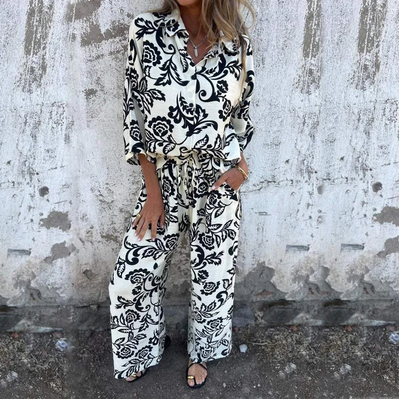 Denim Jeans🔥Big Sale 50% OFF🔥Women’s Stylish Print Lapel Button Shirt and Wide-leg Pants 2-piece Set