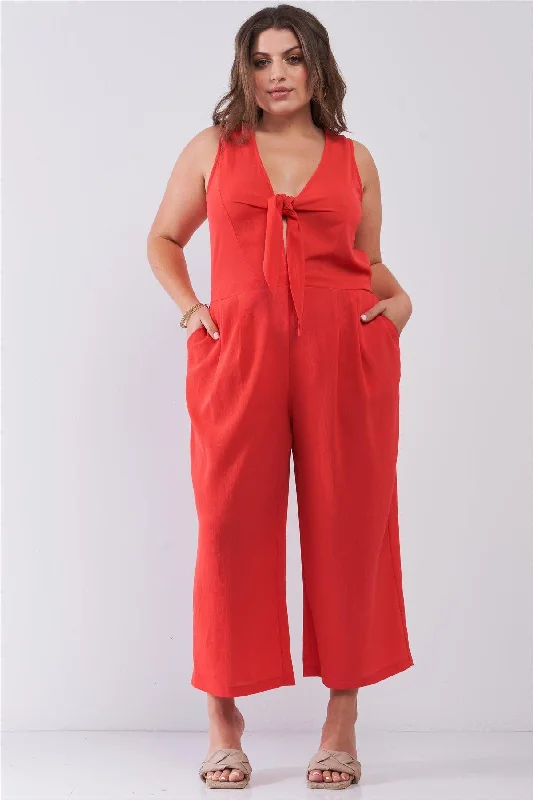 Junior Plus Size Coral Sleeveless V-Neck Self-Tie Front Detail Wide Leg JumpsuitVNeckTopCanyon