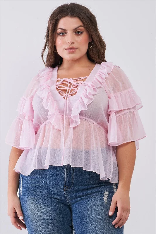 Junior Plus Rose Sheer Mesh Ruffle Lace-Up V-Neck Detail Wide Sleeve Relaxed Top /2-2-2VNeckTopSamurai