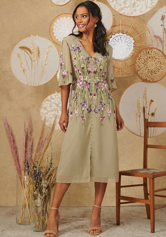 Insulated DressHope & Ivy The Adelaide Floral Embroidered V Neck Dress, Sage Green