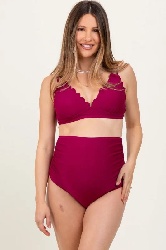 Magenta Scalloped V-Neck High Waist Two-Piece Maternity SwimsuitVNeckTopRuby