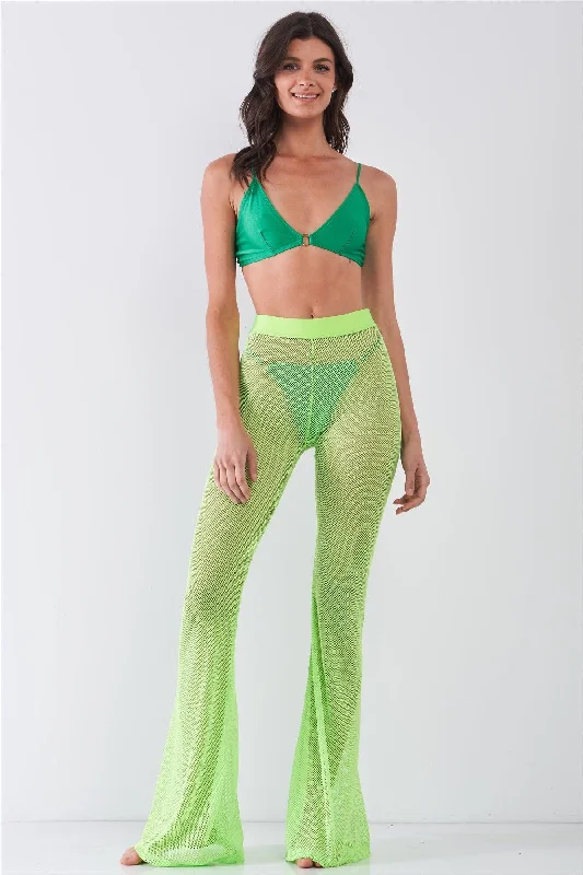 Frayed PantsNeon Green Sheer Tennis Net Mesh High Waist Bell Bottom Pants /2-2-2-2