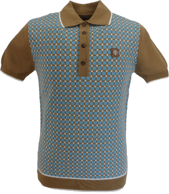 Knitted OversizedTrojan Mens Camel Brown Squares Cotton Fine Gauge Knitted Polo Shirt