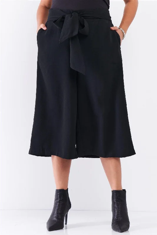 Denim ShortsJunior Plus Black Self-Tie High Waist Detail Wide Leg Midi Length Pants /1-2-2-1