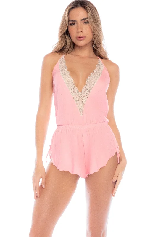 Lace-Trim V-Neck Romper with Side Slits & Bow DetailVNeckTopAdventurer