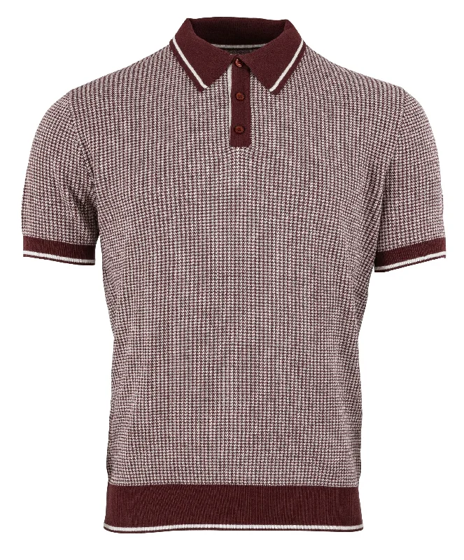 Knit V-NeckRelco Mens Burgundy/ Off White Retro Jacquard Dogtooth Knitted Polo Shirts