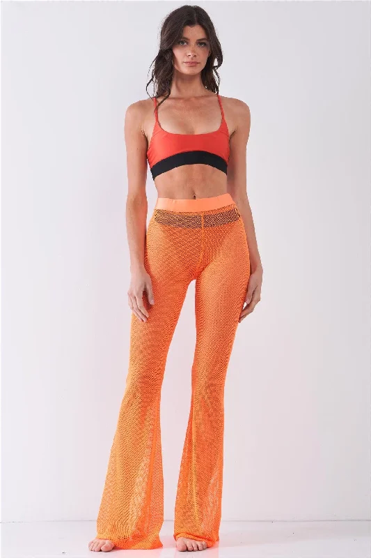 Patched PantsNeon Orange Sheer Tennis Net Mesh High Waist Bell Bottom Pants /2-2