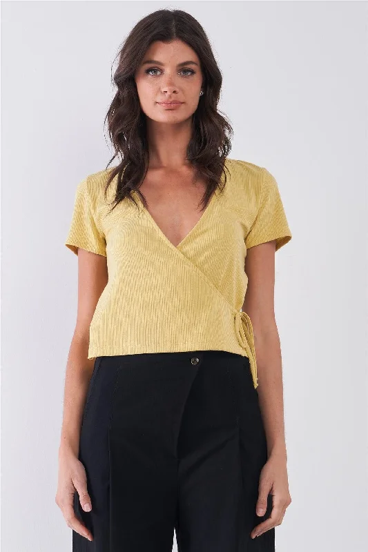 Honey Mustard Ribbed Plunging V-Neck Self-Tie Wrap Detail Top /3-2-1VNeckTopSilver