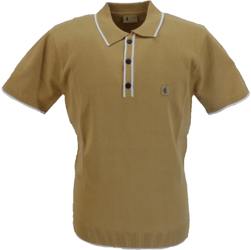 Knitted TankGabicci Vintage Mens Sand Brown Lineker Short Sleeve Knitted Polo Shirt