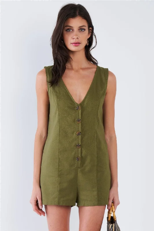 Moss Green Solid Chic V-Neck Front Button Mini Short RomperVNeckTopCanyon